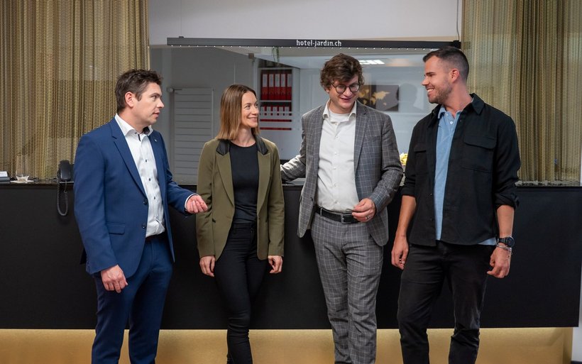 Das Team der Wucht GmbH mit Sitz in Bern: Lorenz Geissbühler, Corinne Balz, Ramon Stucki, Yanik Gasser (v.l.)