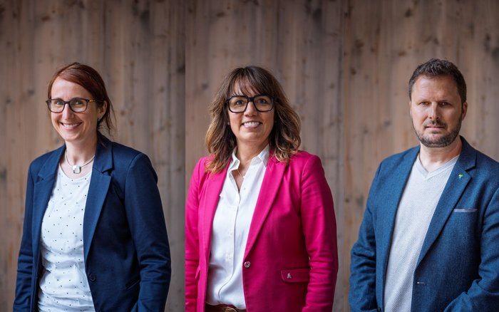 Martina Hollenstein Stadler von Mounteco, Manuela Angst von Bern Welcome und Mattia Storni von Ticino Turismo verstärken neu den Vorstand des Branchenverbands, v. l.