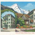 Postkarte aus den Dreissigerjahren mit unterschiedlichen Ansichten des Hotels Weiss Kreuz in Thusis.