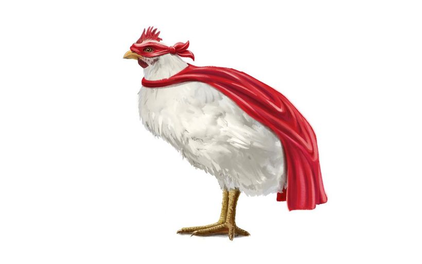un poulet avec une cape rouge suisse