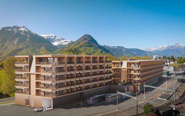Visualisierung des Hotelprojekts beim Bahnhof Interlaken Ost.
