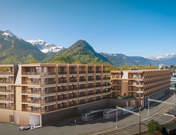 Visualisierung des Hotelprojekts beim Bahnhof Interlaken Ost.