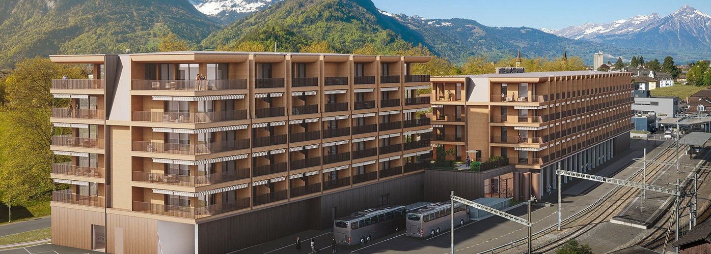 Visualisierung des Hotelprojekts beim Bahnhof Interlaken Ost.