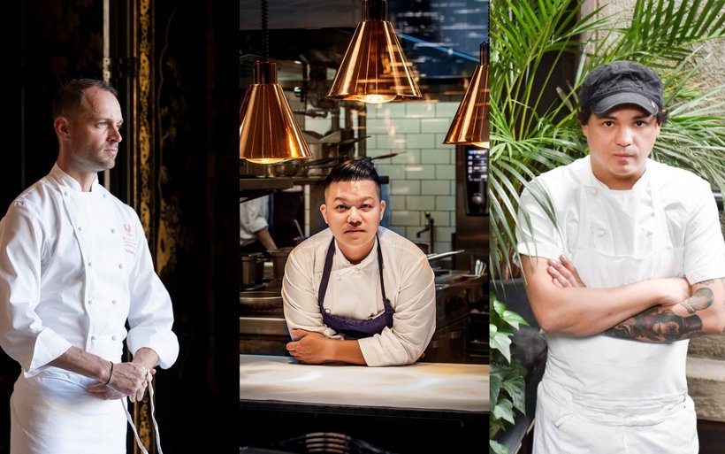 Emmanuel Pilon vom Drei-Sterne-Restaurant Le Louis XV in Monaco, Kai Ho vom Drei-Sterne-Restaurant Taïrroir in Taipeh und Álvaro Clavijo vom Spitzenrestaurant El Chato in Bogotá kochen an der Sommeredition des St. Moritz Gourmet Festivals 2026 (v. l.).