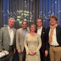 Die Kandidierenden fürs HotellerieSuisse-Präsidium  Martin von Moos, Claude Meier, Marie Forestier und Urs Bircher, mit dem Präsident des Basler Regionalverbands von HotellerieSuisse Franz-Xaver Leonhardt (v.l.)