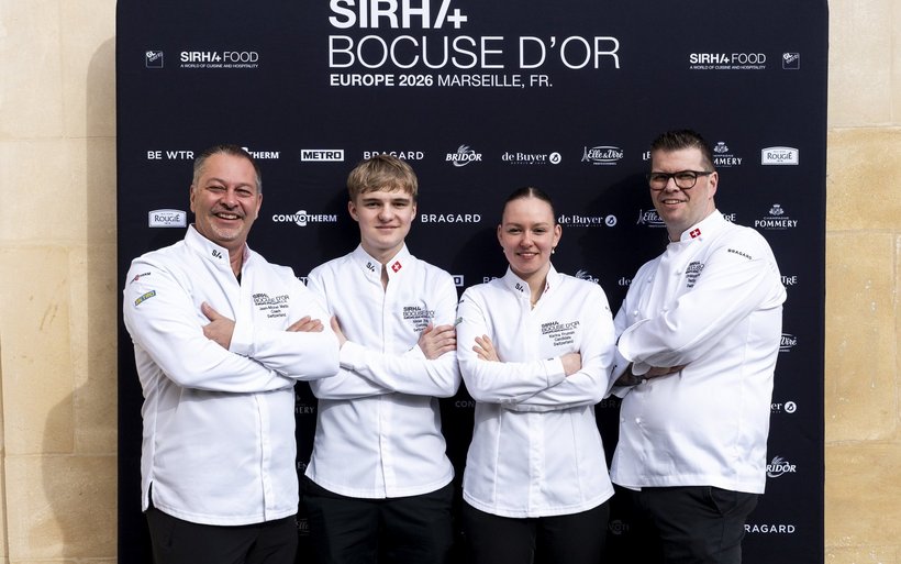 Das Schweizer Team am Bocuse d'Or Europe in Marseille: Jean-Michel Martin, Niklas Erb, Karina Fruman und Christoph Hunziker. (v.l.)