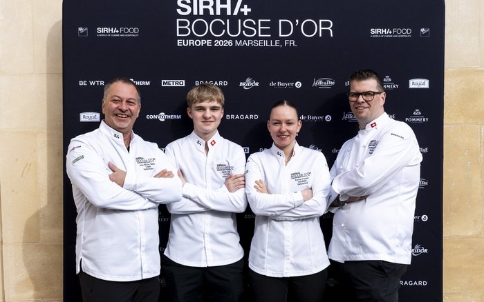 Das Schweizer Team am Bocuse d'Or Europe in Marseille: Jean-Michel Martin, Niklas Erb, Karina Fruman und Christoph Hunziker. (v.l.)